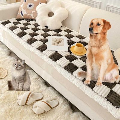 Funny Fuzzy Cream-Colored Large Plaid Square Pet Mat Bed and Couch Cover