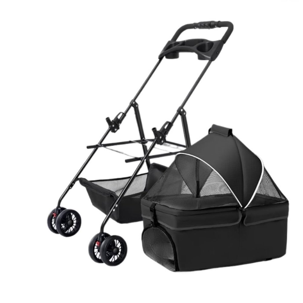 Foldable Pet Stroller with Storage Basket and Cup Holder for Small and Medium Dogs and Cats