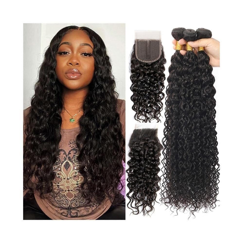 Human Hair Extensions, Water Wave Bundles with 4x4 Closure, 20/22/24 in with 18 in Closure