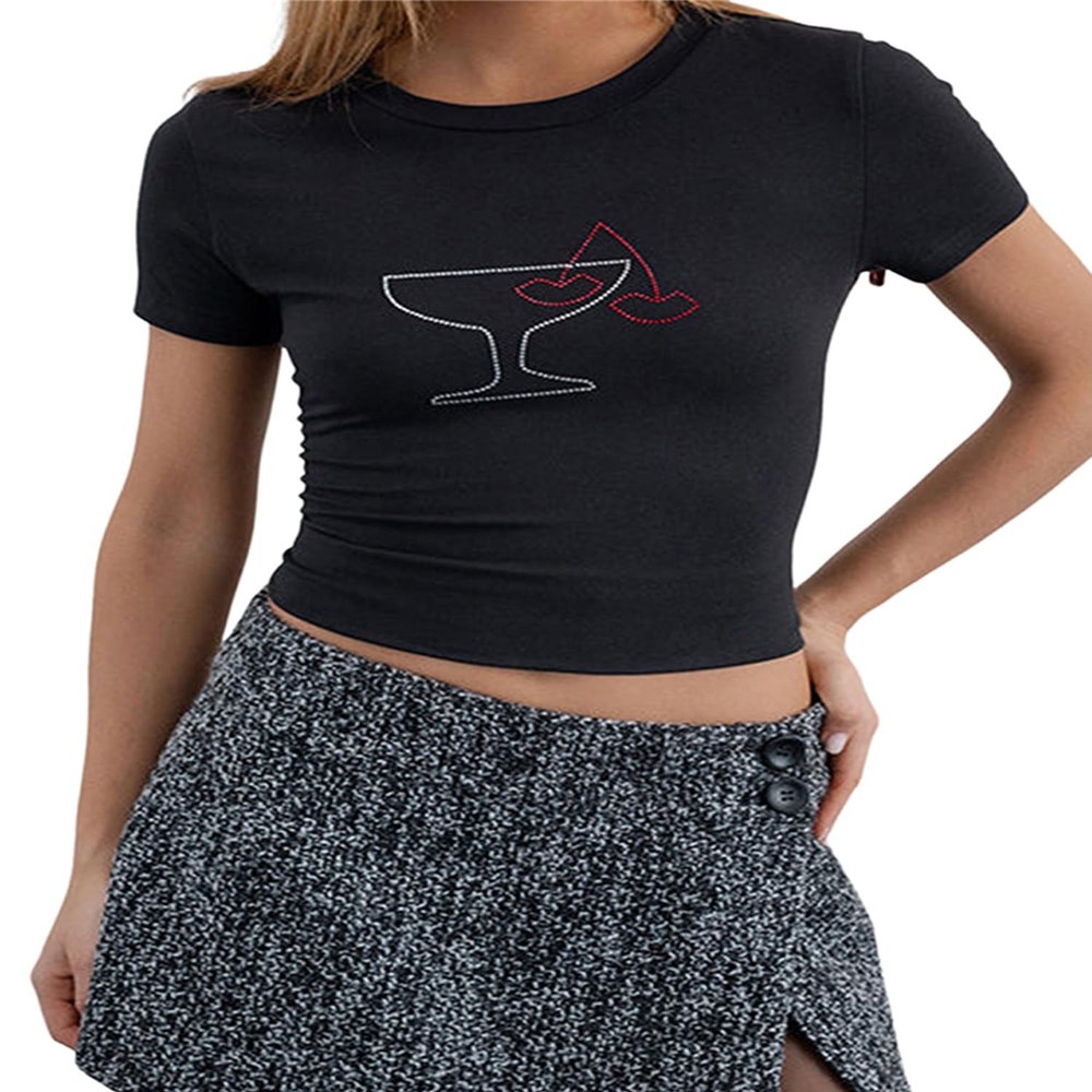 Women's Y2K Graphic Short-Sleeve Slim-Fit Crop Top, Cute Print, Dark Gray, S