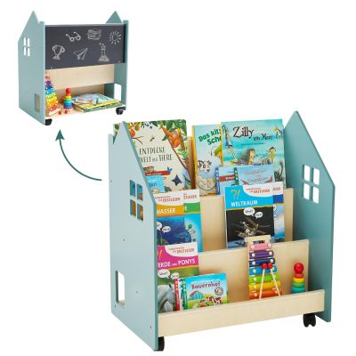 DENMOSTY Kids' Bookshelf with Chalkboard & Wheels, Montessori Shelf with 3 Compartments