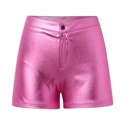 Women's PU Hot Pants Short Wet-Look Booty Shorts Low-Rise Panties Waistband Skinny Leather-Look Shiny High-Waisted Clubwear Shorts, Pink, M
