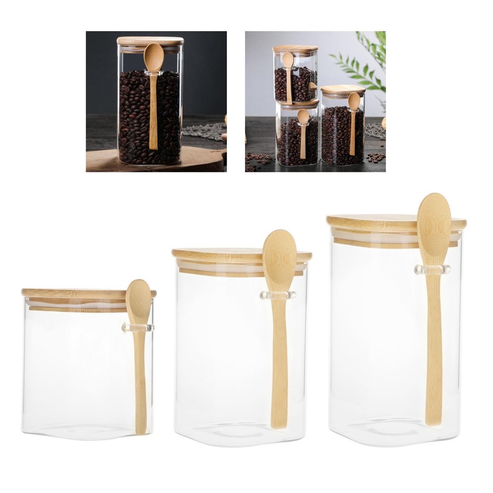 getuse 3-Piece 800 ml Glass Storage Jar Set with Bamboo Lids and Spoons