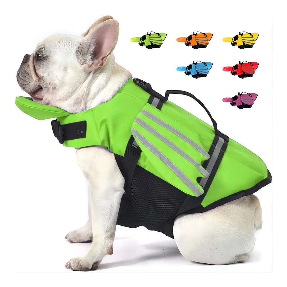 Dog Life Jacket with Wings and Chin Float, Handle and Reflective Strips, Green, XS