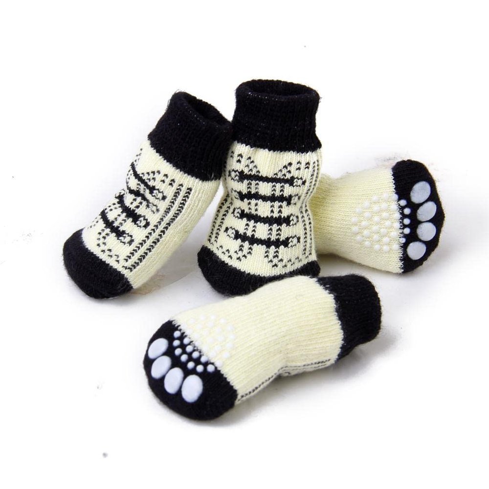 Non-Slip Socks with Lace Pattern for Dogs, Puppies, Cats, 4-Pack (Black and White, XL)