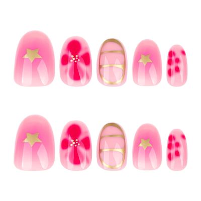Short Round Press-On Nails with Flower and Star Designs