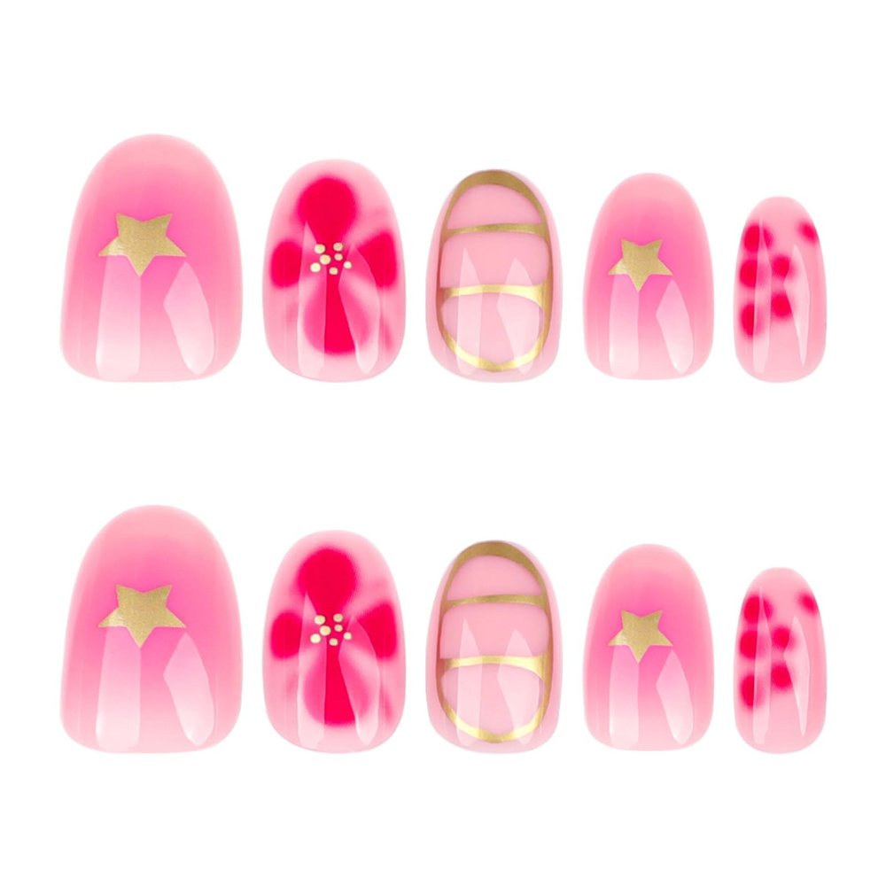 Short Round Press-On Nails with Flower and Star Designs