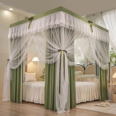 Princess Canopy Mosquito Net, Double-Layer Bed Curtain with Ruffles, Sage Green, California King