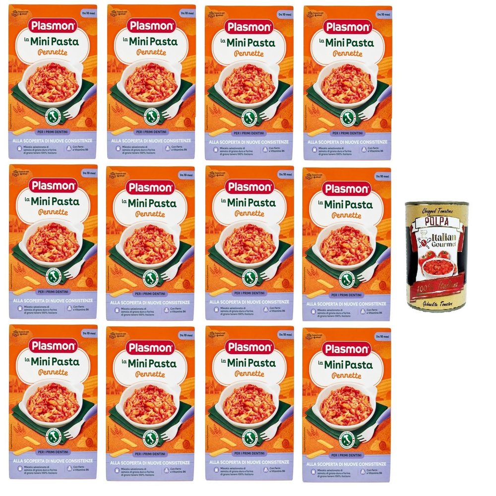 Plasmon La Mini Pennette Pasta for Babies 10+ Months, 12 x 300 g + Italian Gourmet Tomato Pulp 400 g