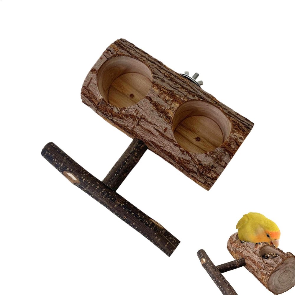 Bird Perch & Feeding Dish Stand with Claw-Grinding Stick, Natural Wood, 5.91 x 5.51 x 2.56 in