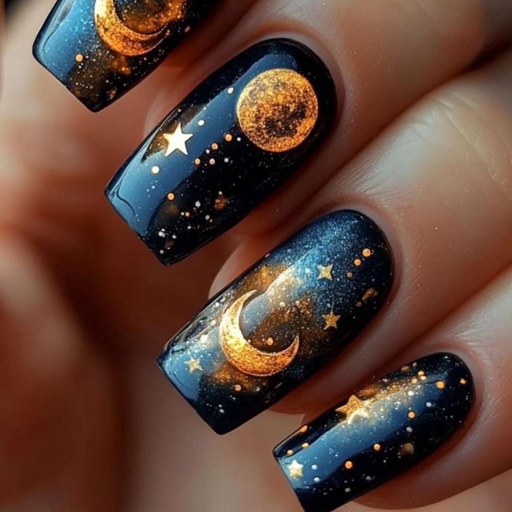 24-Piece Square Press-On Nails with Moon and Star Designs