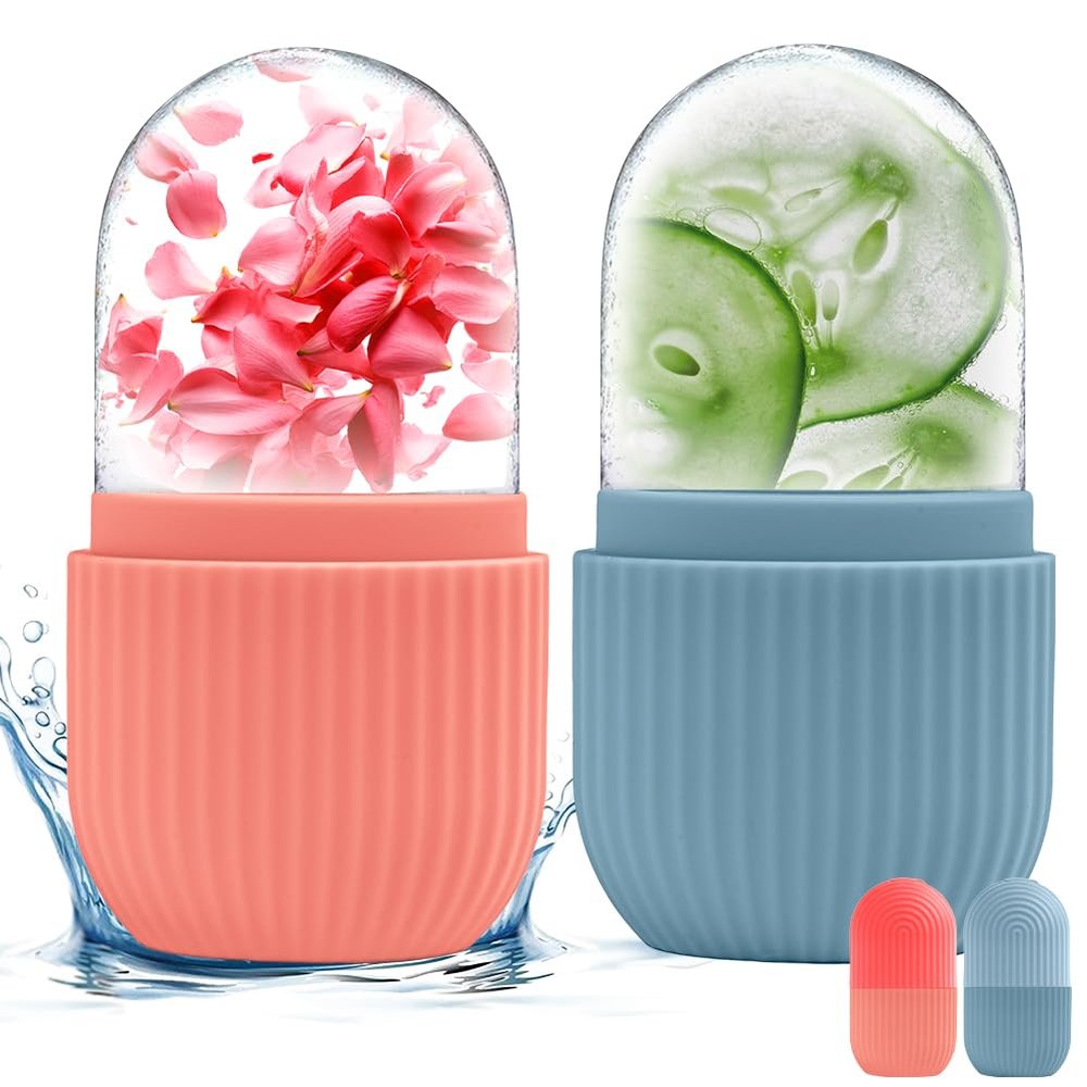 flintronic Ice Roller, 2-Piece Silicone Face and Eye Massage Rollers, Reusable (Blue + Pink)