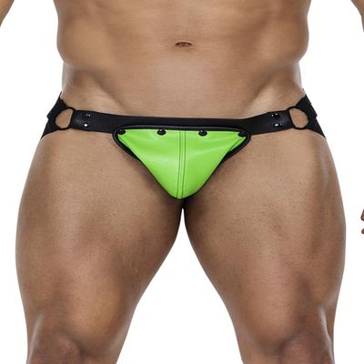 CUT4MEN Black and Neon Green Men's Faux Leather Jock Snap Brief, S/M