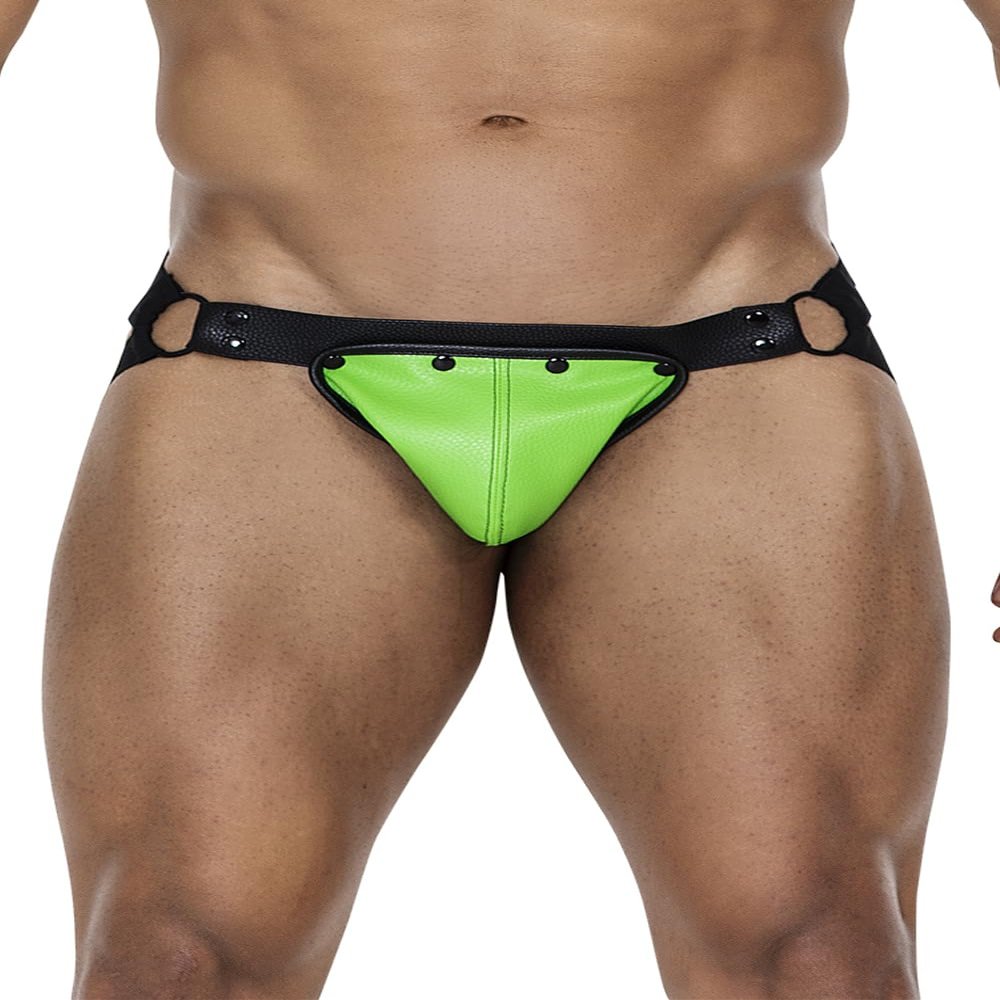 CUT4MEN Black and Neon Green Men's Faux Leather Jock Snap Brief, S/M