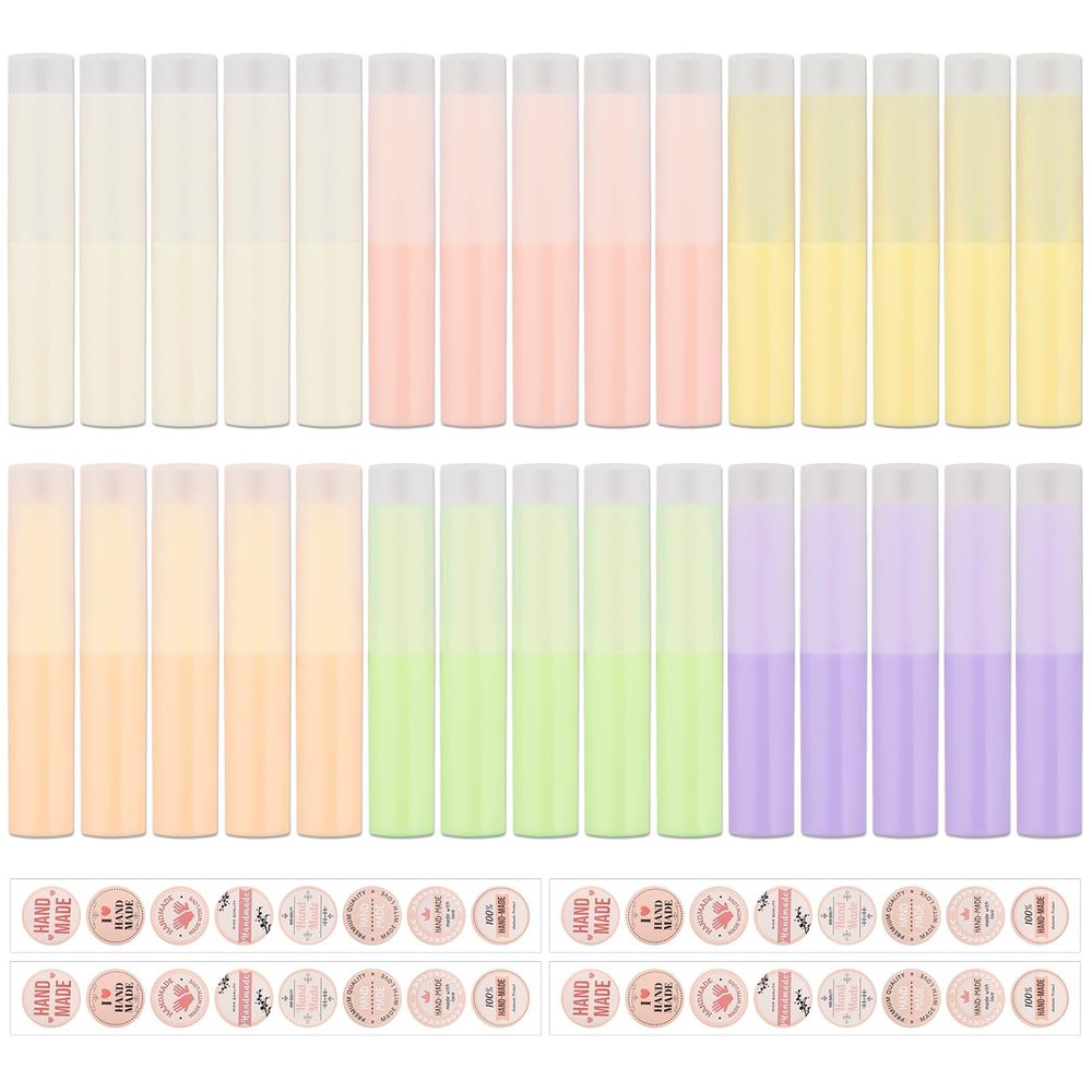 Ktxaby 30-Pack 4 g Refillable Lip Balm Tubes with Stickers, DIY Cosmetic Containers for Travel, 6 Colors