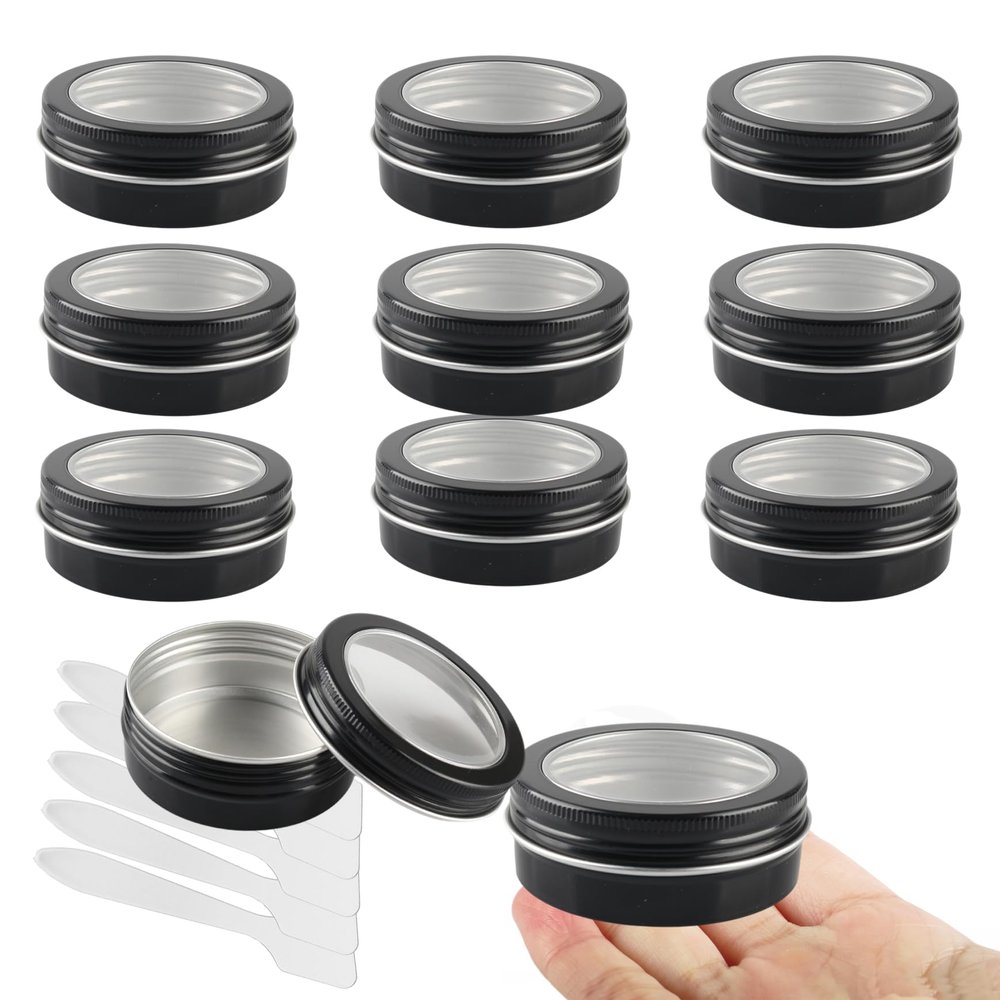 LusDoly 10-Pack 60 ml Black Aluminum Tins with Screw Lids and Viewing Windows, 68 x 27 mm