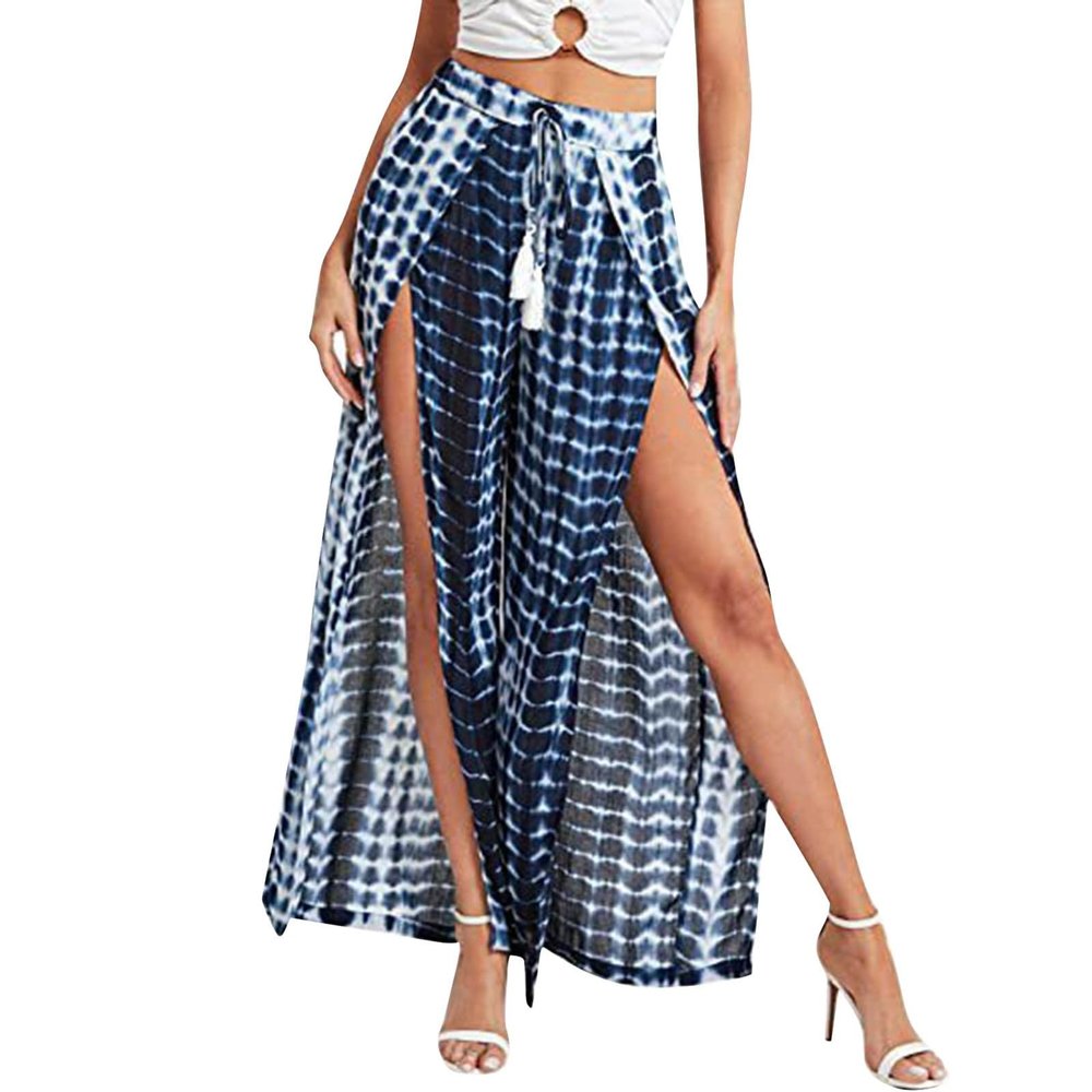 Women's Linen 7/8 Wide-Leg Summer Pants with Side Slit