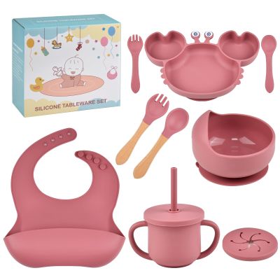 BPA-Free Baby Feeding Set, 9-Piece Crab-Shaped Set with Non-Slip Plate, Suction Bowl, Training Cup with Lid and Straw, Bib, Spoon and Fork (Brick Red)