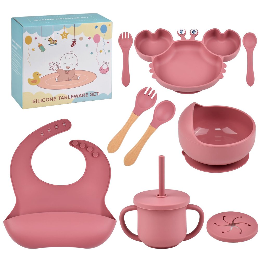 BPA-Free Baby Feeding Set, 9-Piece Crab-Shaped Set with Non-Slip Plate, Suction Bowl, Training Cup with Lid and Straw, Bib, Spoon and Fork (Brick Red)