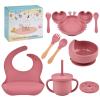 BPA-Free Baby Feeding Set, 9-Piece Crab-Shaped Set with Non-Slip Plate, Suction Bowl, Training Cup with Lid and Straw, Bib, Spoon and Fork (Brick Red) view 1