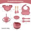 BPA-Free Baby Feeding Set, 9-Piece Crab-Shaped Set with Non-Slip Plate, Suction Bowl, Training Cup with Lid and Straw, Bib, Spoon and Fork (Brick Red) view 4