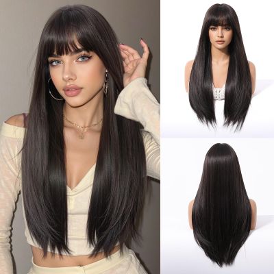 Esmee Long Straight Brown Wig with Bangs for Women, 26 in