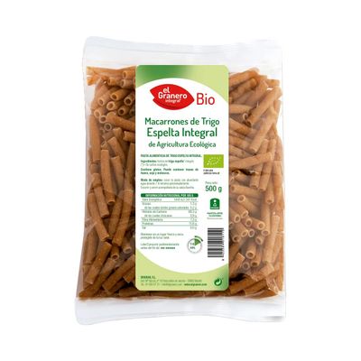 EL GRANERO Organic Whole-Grain Spelt Macaroni Pasta, 500 g, 2-Pack