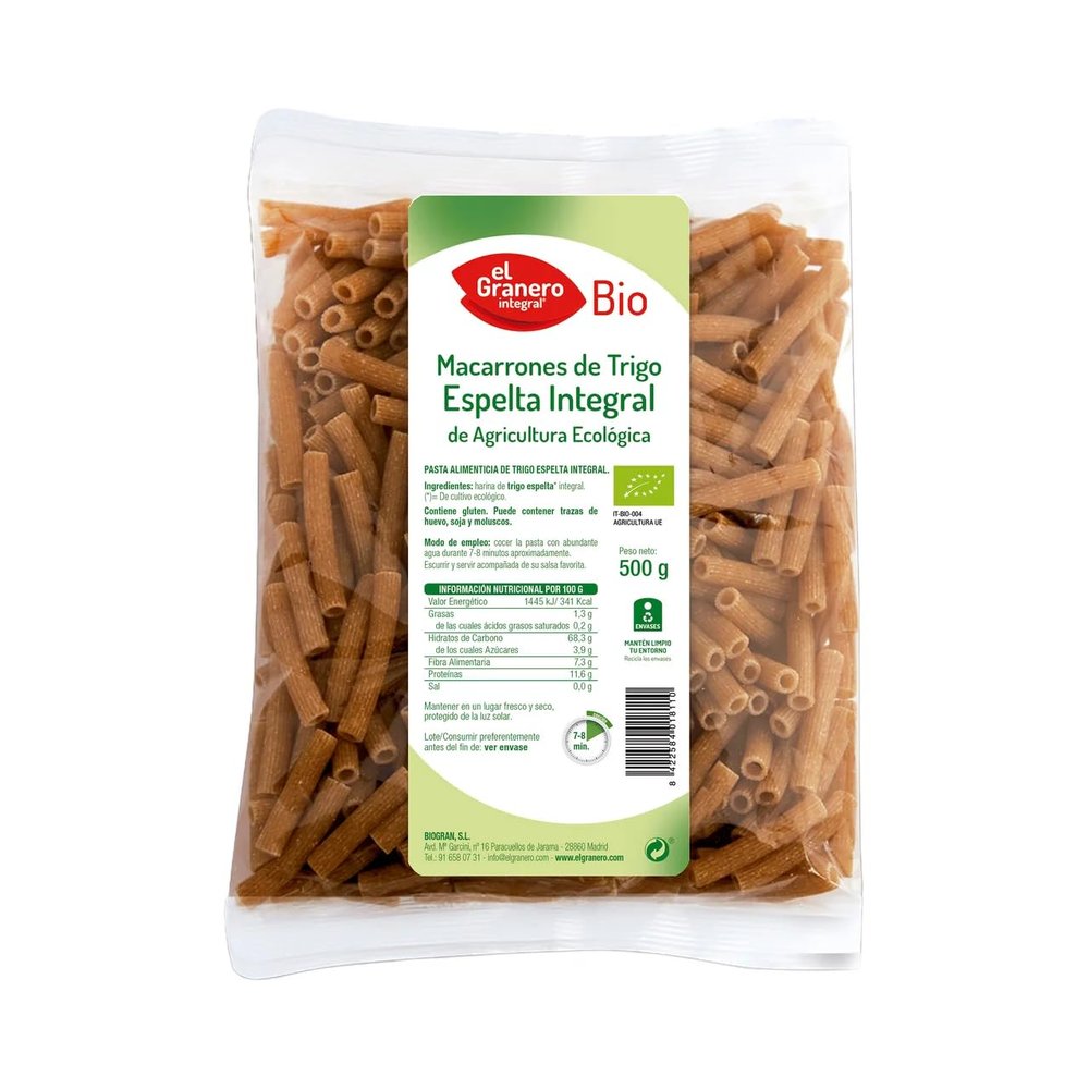EL GRANERO Organic Whole-Grain Spelt Macaroni Pasta, 500 g, 2-Pack