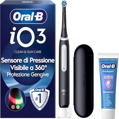 Oral-B iO 3 Rechargeable Electric Toothbrush, Black, with Replacement Brush, Travel Case and Pro-Expert Toothpaste