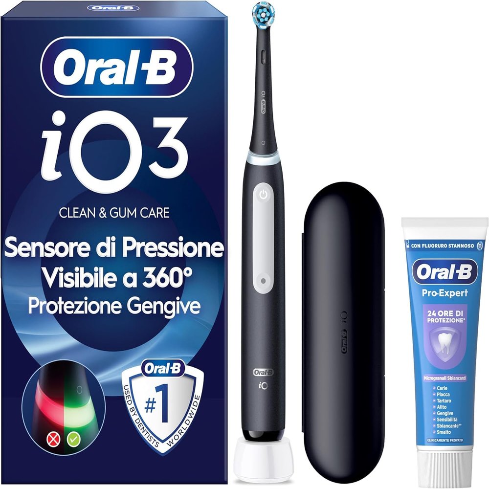 Oral-B iO 3 Rechargeable Electric Toothbrush, Black, with Replacement Brush, Travel Case and Pro-Expert Toothpaste