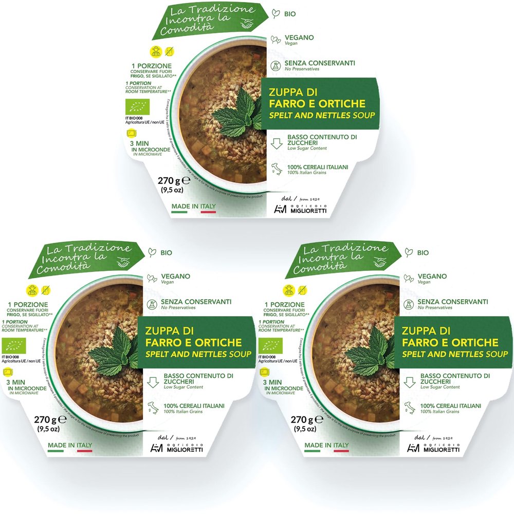 Agricola Miglioretti Organic Spelt & Nettle Soup, Ready in 3 Minutes, Vegan, Gluten-Free, No Preservatives, 3 Servings