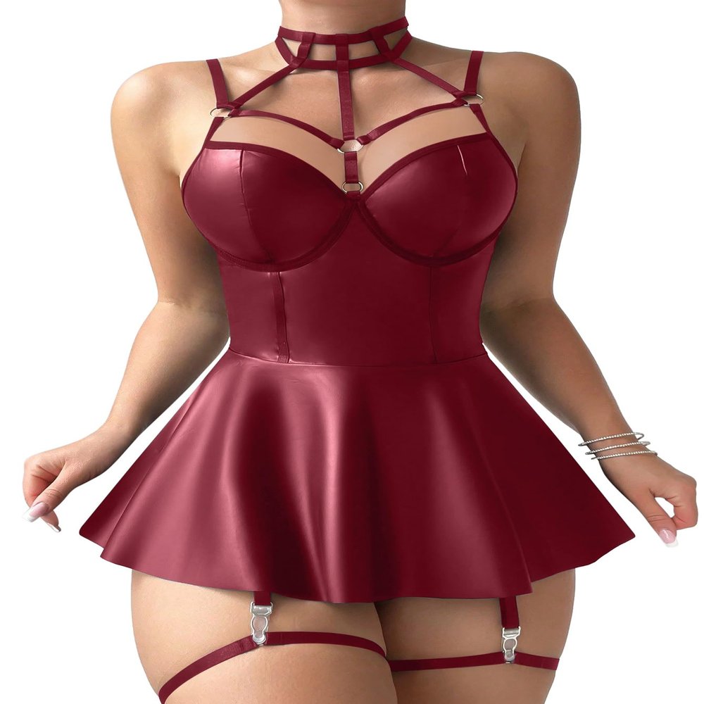Foxiny Sexy Leather Lingerie Set with Straps, Underwire and Garter Belt, Mini Dress with G-String, 3-Piece, Burgundy, XXL