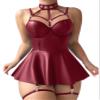 Foxiny Sexy Leather Lingerie Set with Straps, Underwire and Garter Belt, Mini Dress with G-String, 3-Piece, Burgundy, XXL view 1