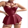 Foxiny Sexy Leather Lingerie Set with Straps, Underwire and Garter Belt, Mini Dress with G-String, 3-Piece, Burgundy, XXL view 3