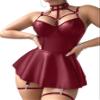 Foxiny Sexy Leather Lingerie Set with Straps, Underwire and Garter Belt, Mini Dress with G-String, 3-Piece, Burgundy, XXL view 4