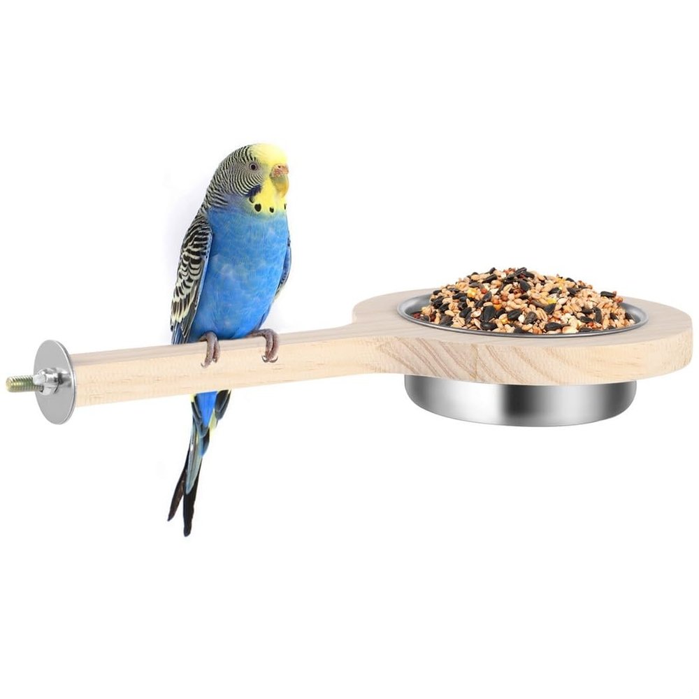 Wooden Bird Perch with Stainless Steel Feeder Cup