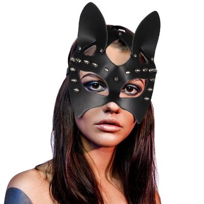 Black Leather Mask for Women with Studs, Stylish Masquerade Half-Face Mask for Costume Parties, Nightclubs and Carnival, Black, One Size