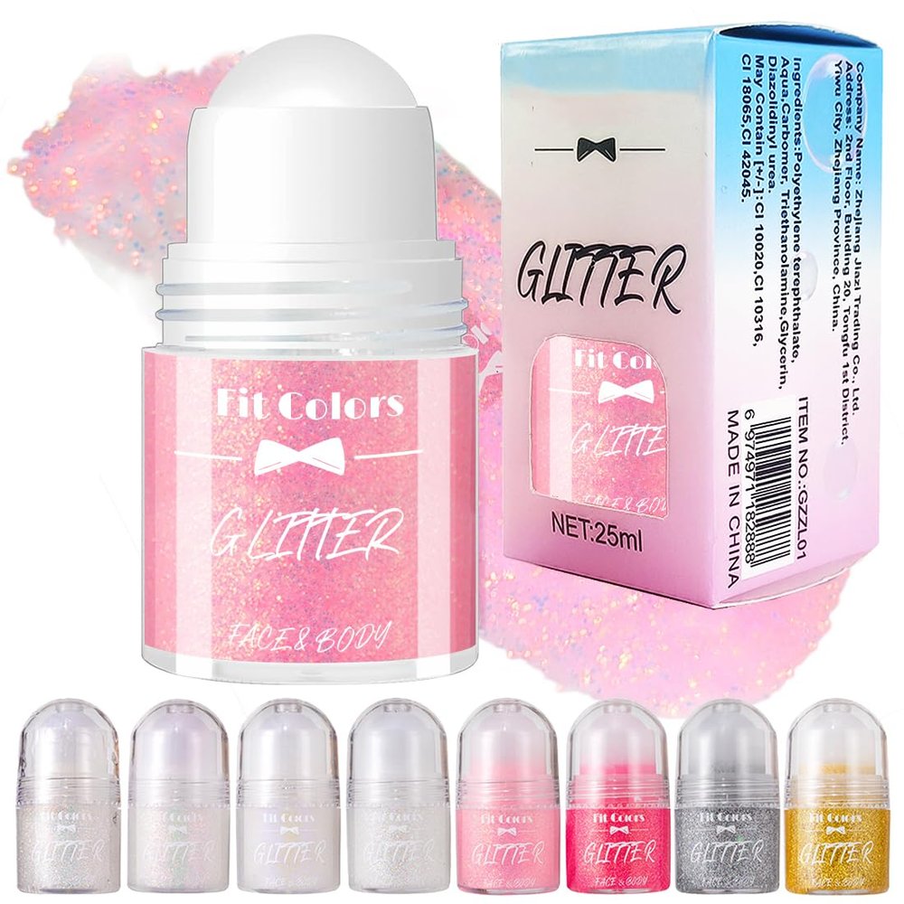 Body Glitter Gel Roll-On with Chameleon Effect, Chunky Glitter, 25 ml, Pink