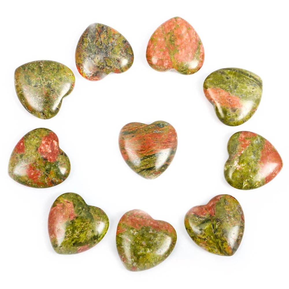 LSYHHXC River Pebbles, 10-Piece Set, Heart-Shaped Crystals, Mini Quartz Gemstones, 2 cm, Home Decor (Unakite)