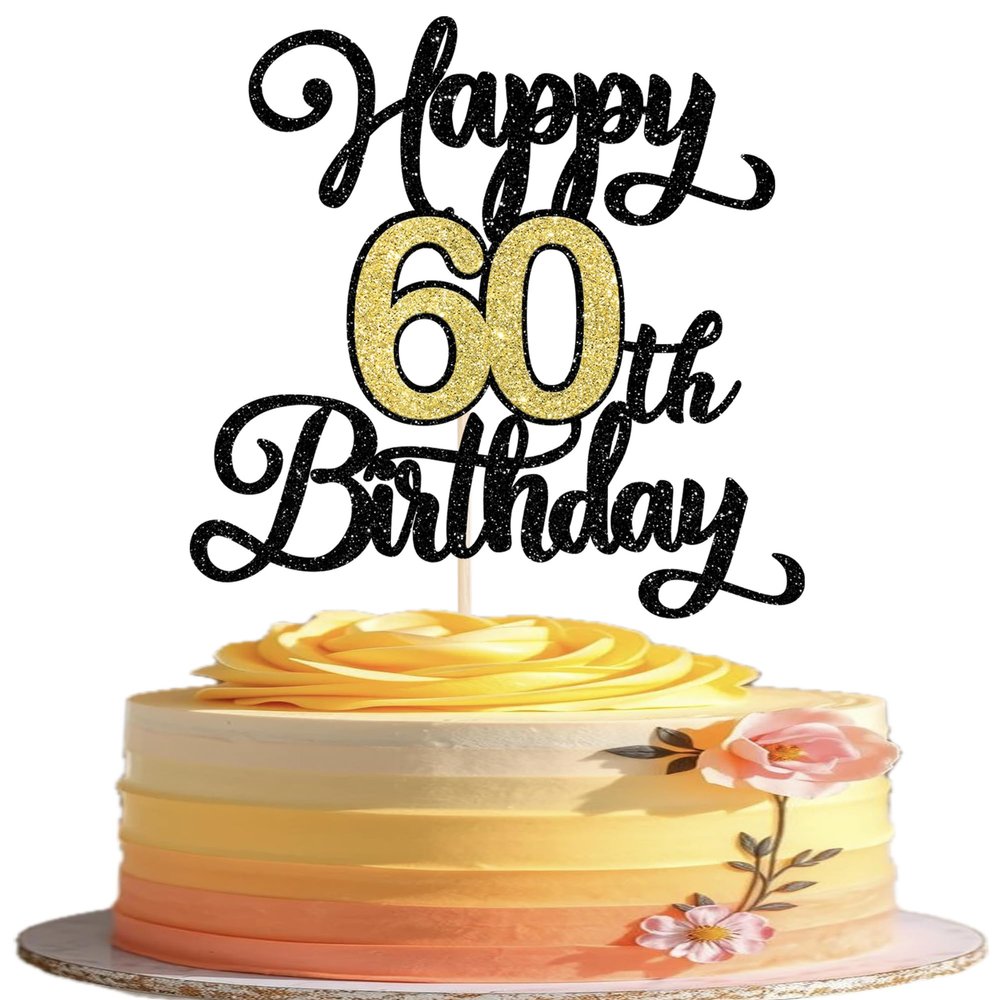 Rsstarxi Happy 60th Birthday Cake Topper, Black and Gold Glitter