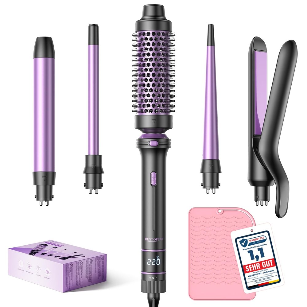 BESTOPE PRO 5-in-1 Curling Iron Set with Straightener, Thermal Brush, 3 Ceramic Curling Irons, 13 Temperatures, Heat-Resistant Mat and Glove