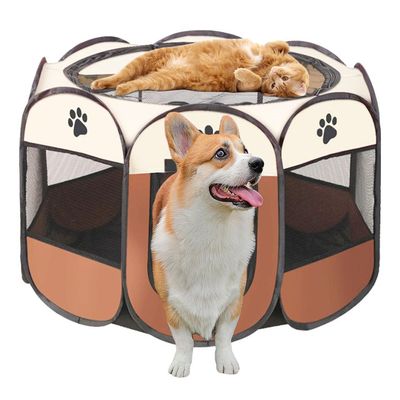 Exquilnova Portable Foldable Pet Playpen, Brown, 74 x 74 x 43 cm