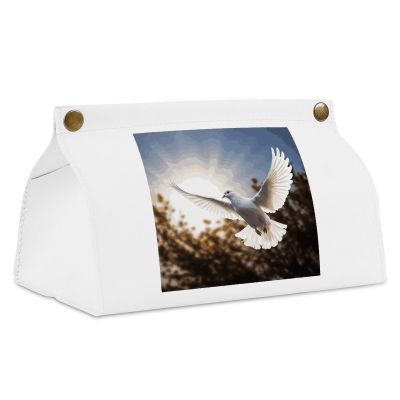 White Dove Flying in the Sun Tissue Box Cover, White PU Leather