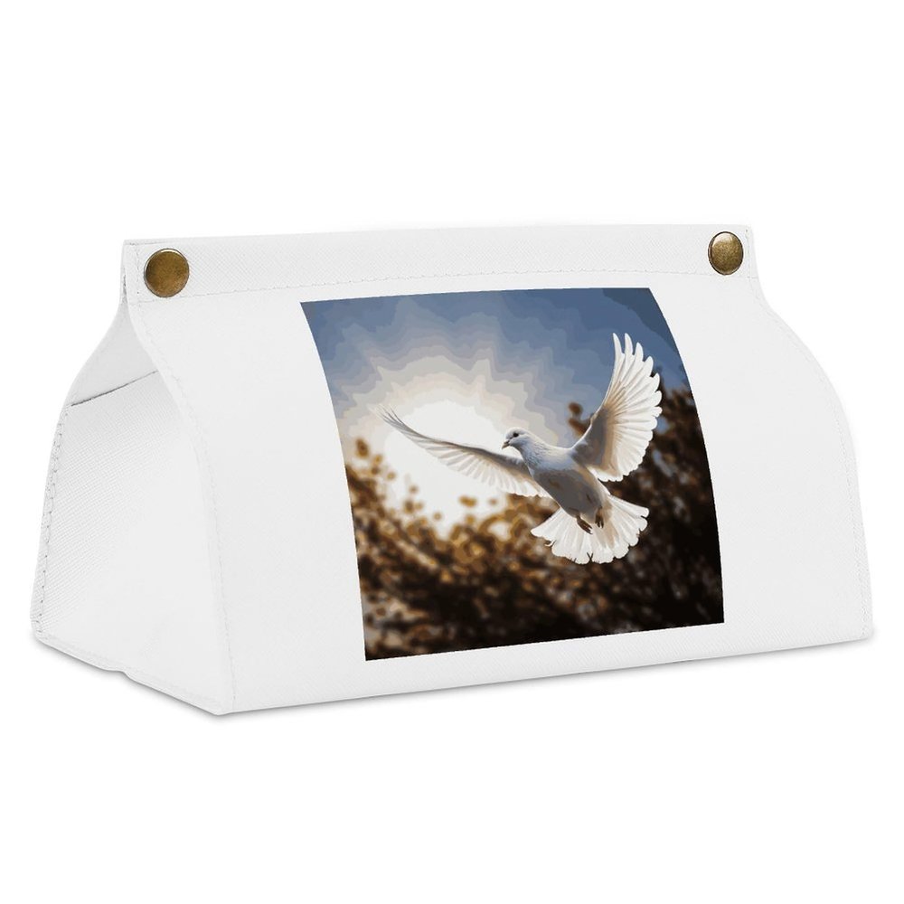White Dove Flying in the Sun Tissue Box Cover, White PU Leather