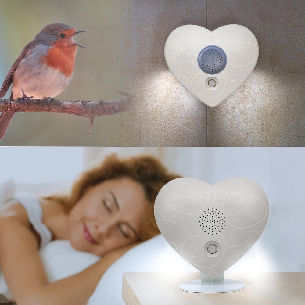 Birdsong Nature Sounds Box with Motion Sensor – 18 Sounds, 2–120 Min. Timer, VELANI Prestige (Pastel Gray, Heart)