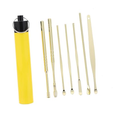 7-Piece Stainless Steel Earwax Removal Spoon Set with Yellow Case