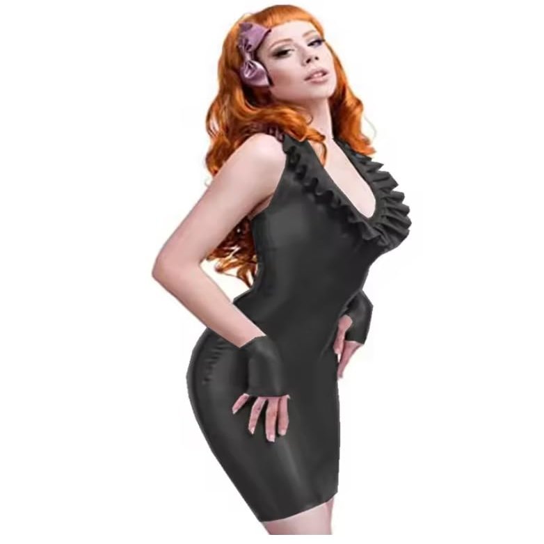 YGZHANYUANOKU Sleeveless Tight Pencil Dress with Ruffles, PVC Halter Neck, Backless, Hip Wrap, Mini Dress with Gloves, Black, S