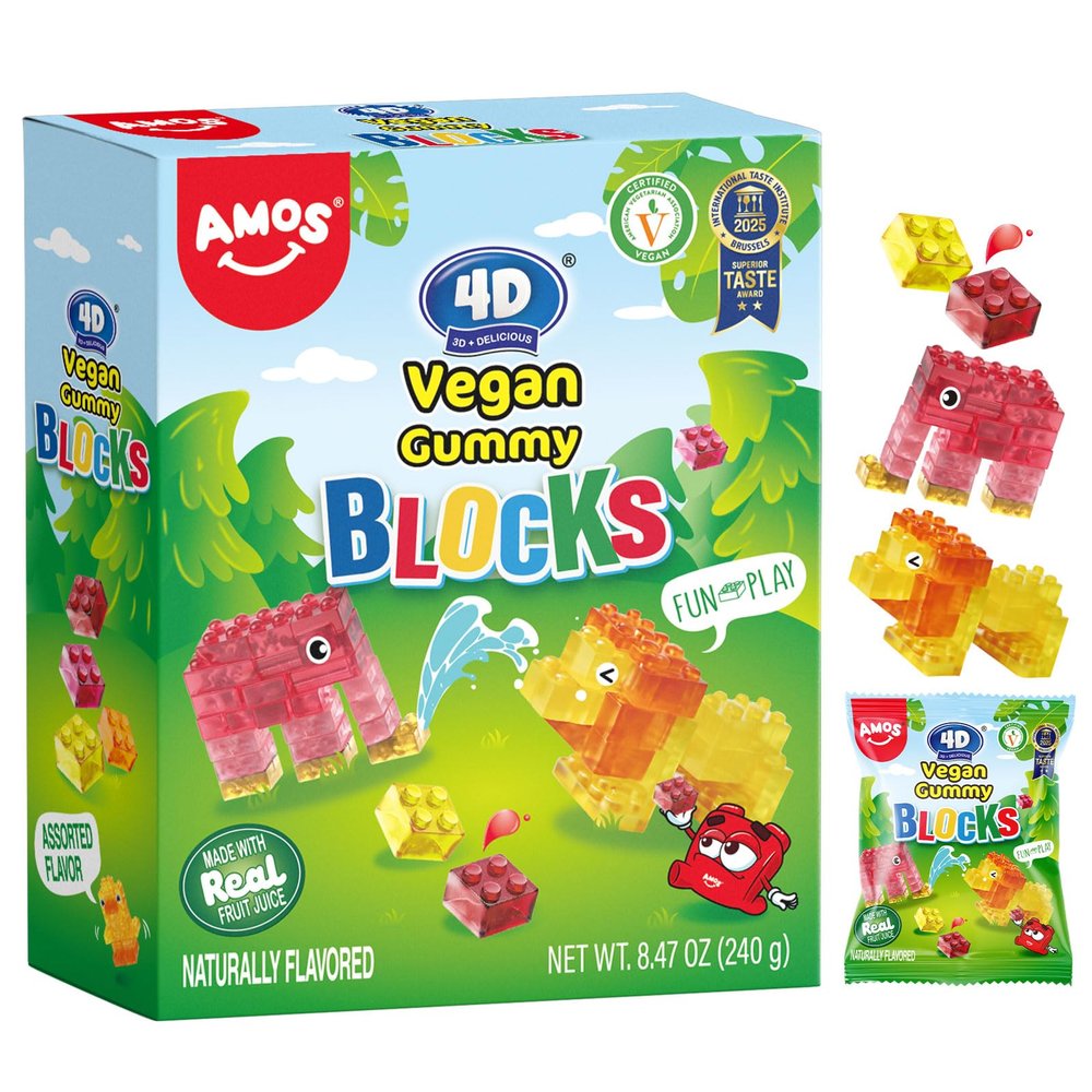 AMOS Vegan Fruit Gummy Building Blocks, 4D Sweets for Kids' Birthday Parties, 240 g
