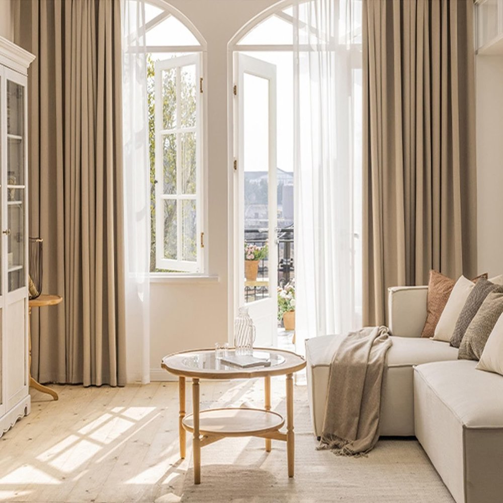 Tolldek 2-Piece Chenille Curtain Set, Linen-Look Solid Color, Light Brown, 96 x 138 cm