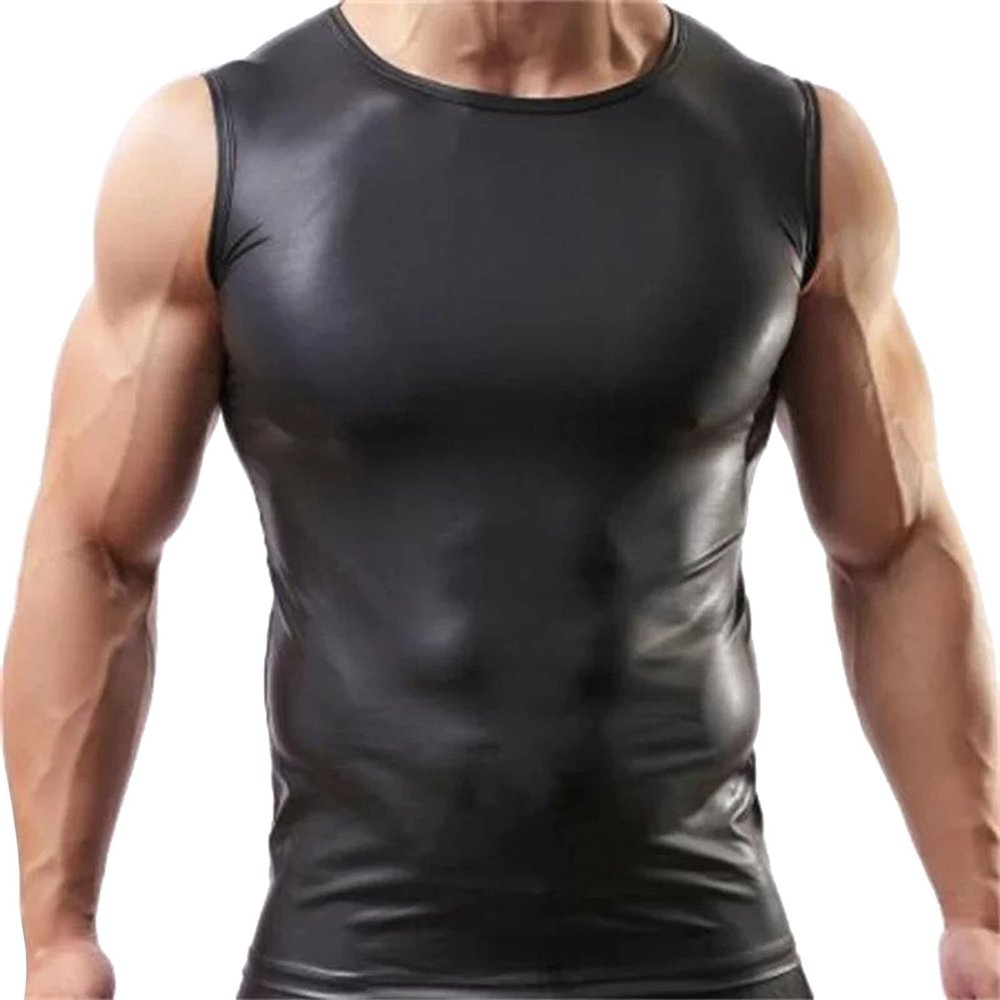 EQWIGKEIT Men's Sexy Latex Slim-Fit Tank Top
